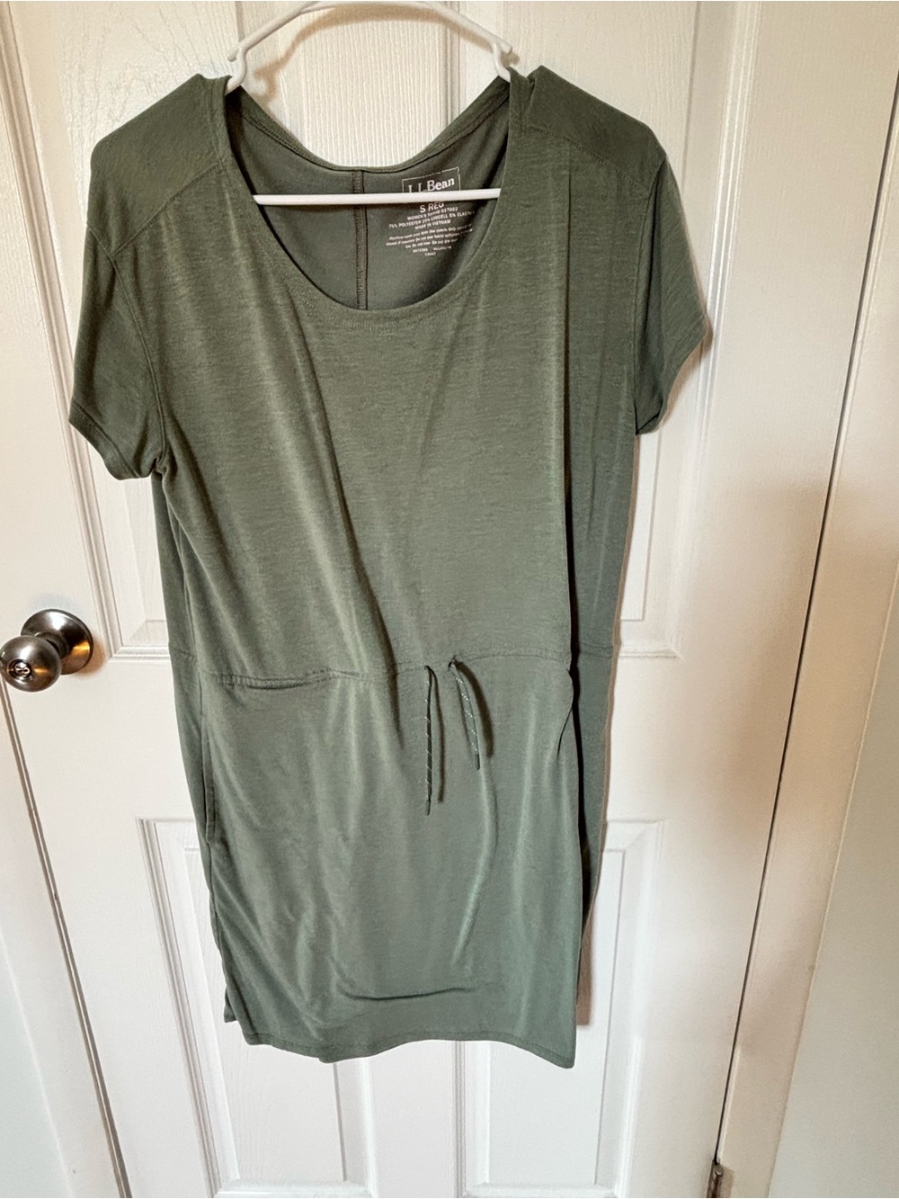 L.L. Bean Olive Drawstring Waist Short-Sleeve Dress